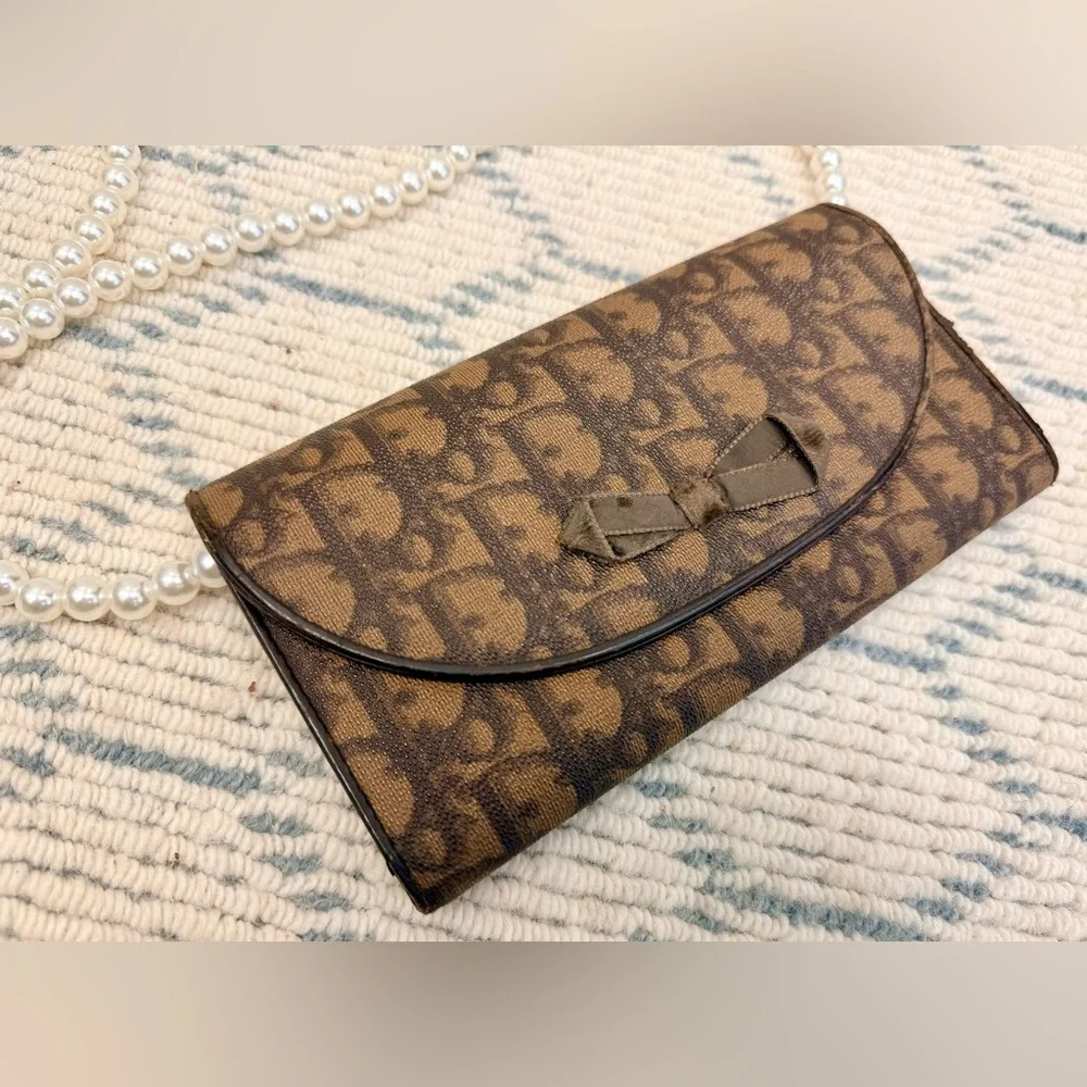 DIOR Vintage Y2K Romantique Brown Diorissimo Ribbon Canvas Leather W/ Crossbody